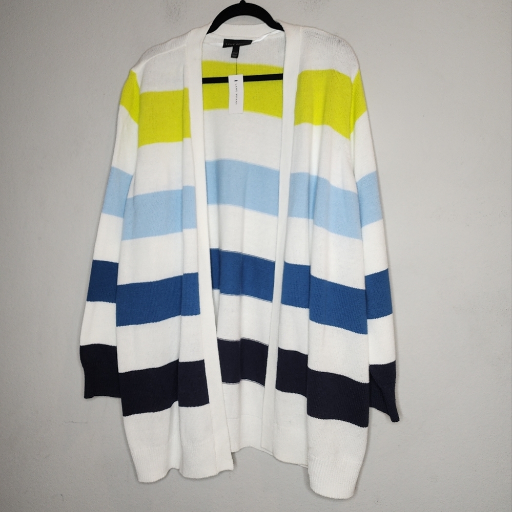 NWT Lane Bryant Open Front Emily Stripe Knit Cardigan White Blue Green 22/24 3X